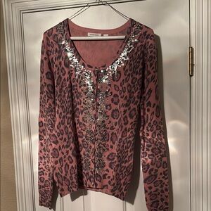 Boston Proper Pink and Gray Embellished Long Sleeve Cardigan